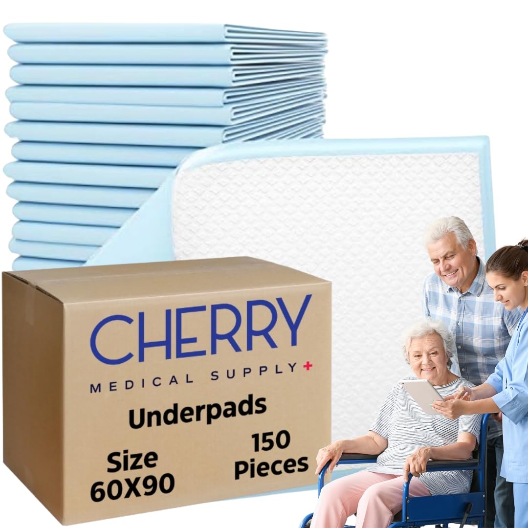Cherry Medical Supply 150-Pieces Packed in 15 Pouches 60 cm x 90 cm XL Disposable Underpads, Incontinence Pads, Chux, Bed Covers, Puppy Training, Super Absorbent Protection for Kids Adults Elderly