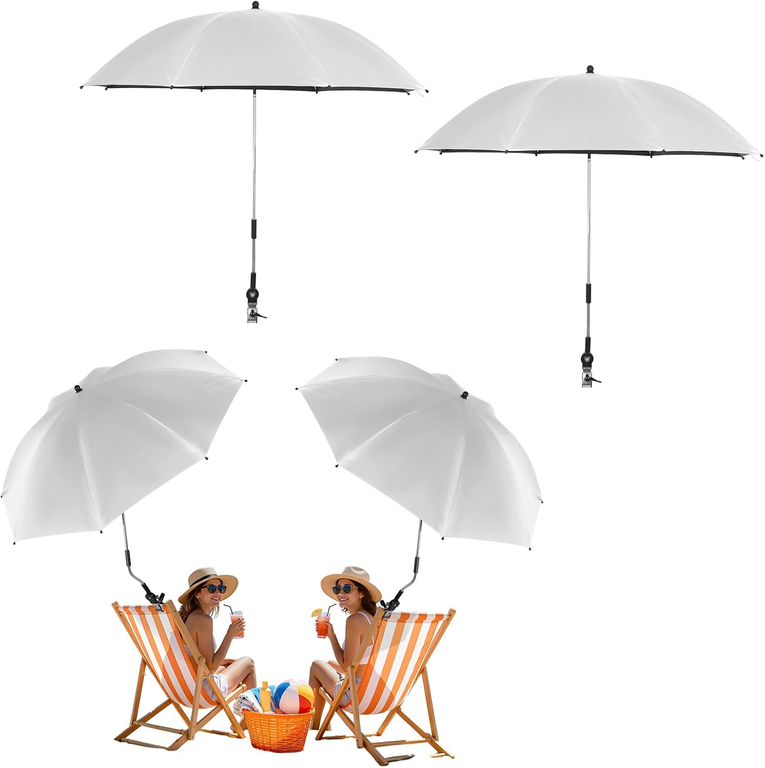 2 Pack 48inch Beach Umbrella with Clamp, 360 ° Adjustable Umbrellas for Chair, UPF50+ Umbrella for Beach Chairs, Patio Chairs, Wheelchair, Camping Chair, Golf Carts (Chair Not Included)