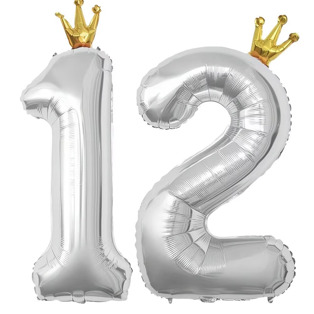 PomeloCoto 12数字 バルーン銀 大きい誕生日 飾り付け12歳, 100cm王冠銀風船 数字12スウジ バルーン オオキイ 記念日/カーニバル/卒業式/プロポーズ/写真撮影用小道具