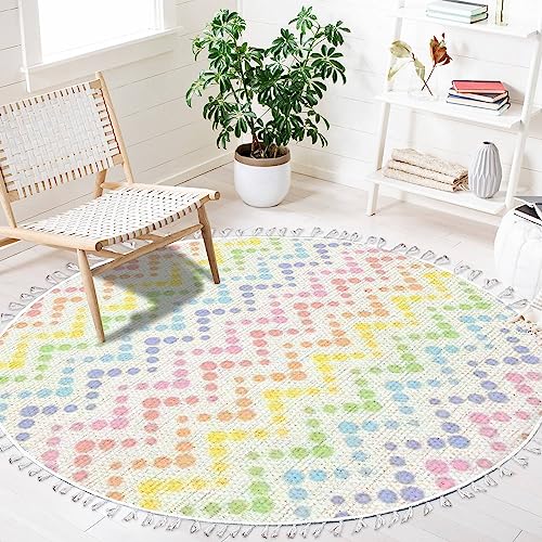 Round Boho Area Rug Rainbow Zigzag Pastel Colorful Lines from dots Kids Carpet with Tassels Meditation Rug Washable Hallway Floor Mat Runner Rugs for Bedroom Bathroom Playroom Nursery Decor 4 ft