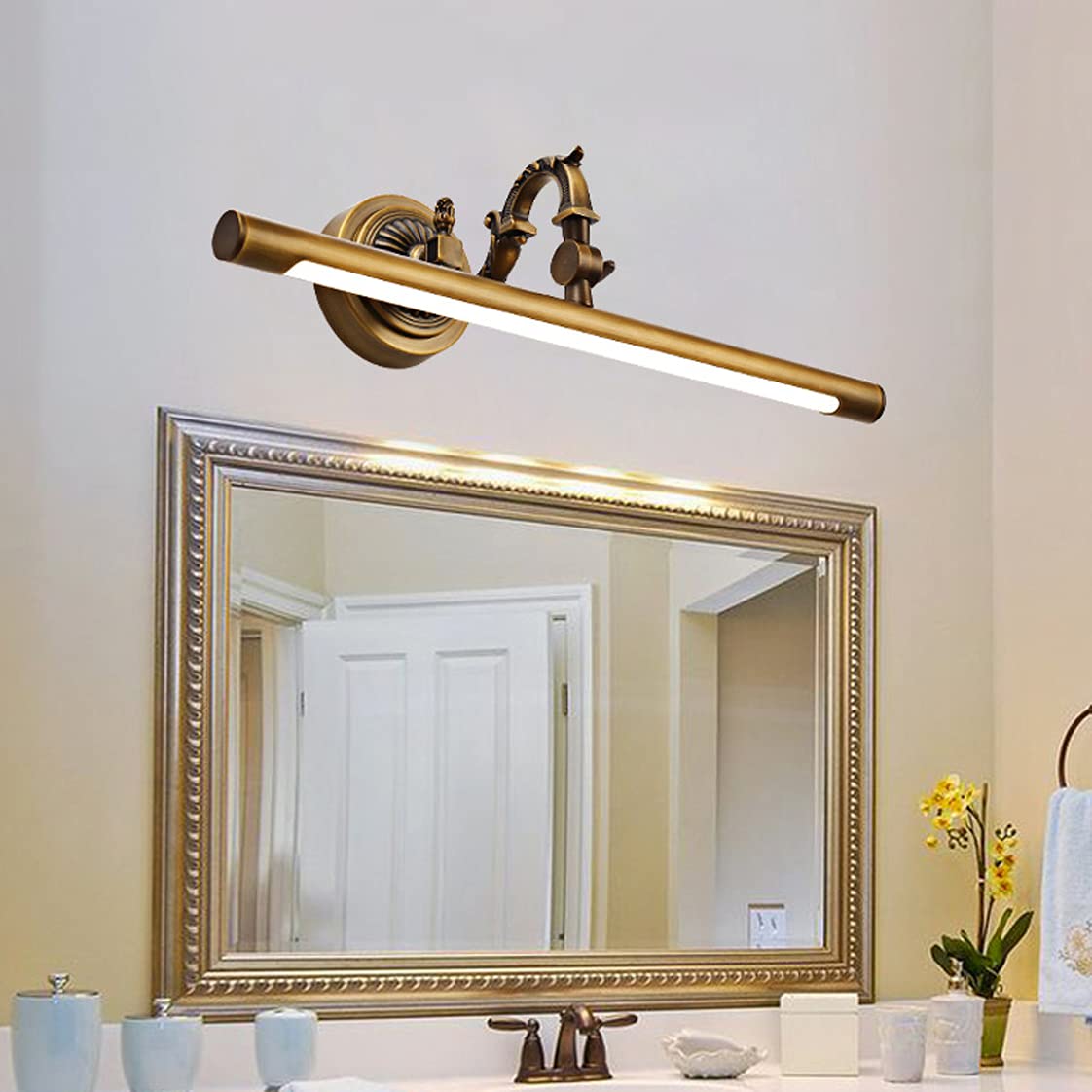 Lampa łazienkowa z lustrem, lampa ścienna LED, naturalna biel 4000 K, oświetlenie mosiężne, energooszczędne, czarne malowane aluminium, przednie światło, do sypialni, salonu
