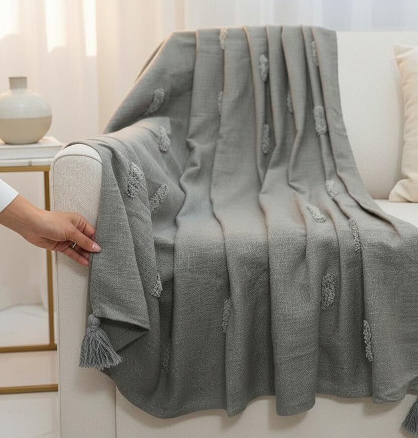 Image of HAKAM Cotton Throw Blanket with Macrame Tassels for 3 Seater Sofa | Ideal for Your Home, Living Room, Sofa, Bed, Chair, Picnic & Used for Gift - 50X70 inch | (Grey, Small Single)