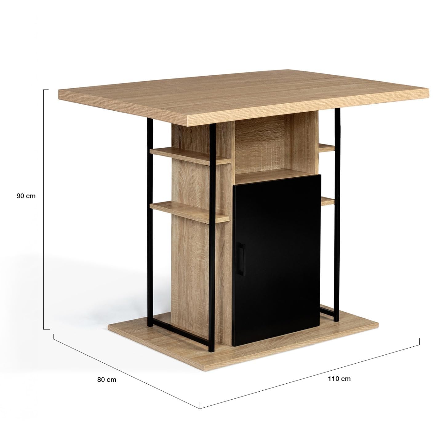 IDMarket – Isla central UGO de 110 cm en madera negra y imitación de haya con contenedores de diseño industrial