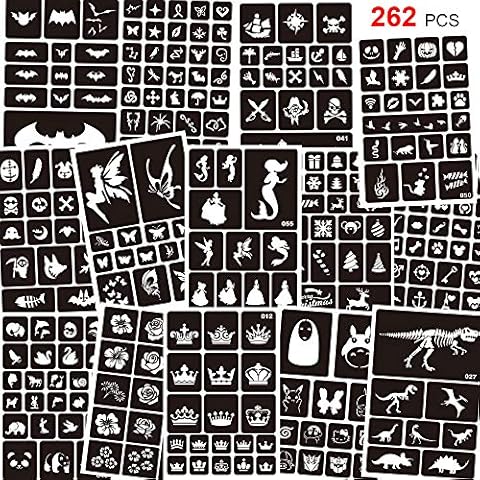 Konsait 262pcs Temporary Tattoos Stencils for Kids, Face and Body Paint Stencils Kit, Girl Boy Glitter Tattoos Stencils for Kids School Show Birthdays Halloween Christmas Party Favor Supplies Cover