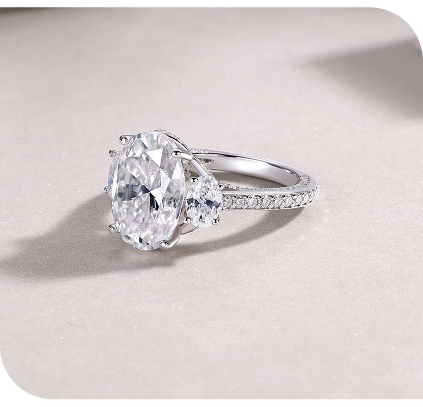 Promise Ring Frau, Promise Ring for Women Luxus mit Ovalem Moissanit 10 X 14 mm Silber 18K Weißgold Größe 47 (15.0)