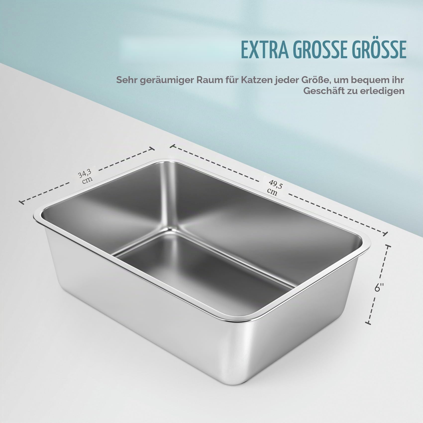 IKITCHEN Große Katzentoilette Edelstahl(50×35×15cm), Litter Box Katzenklo, Katzen und Kaninchen Metall klo, Niemals Gerüche, Fleckfrei, Rostfrei, Antihaft Glatte Oberfläche, Anti-Rutsch Gummiboden