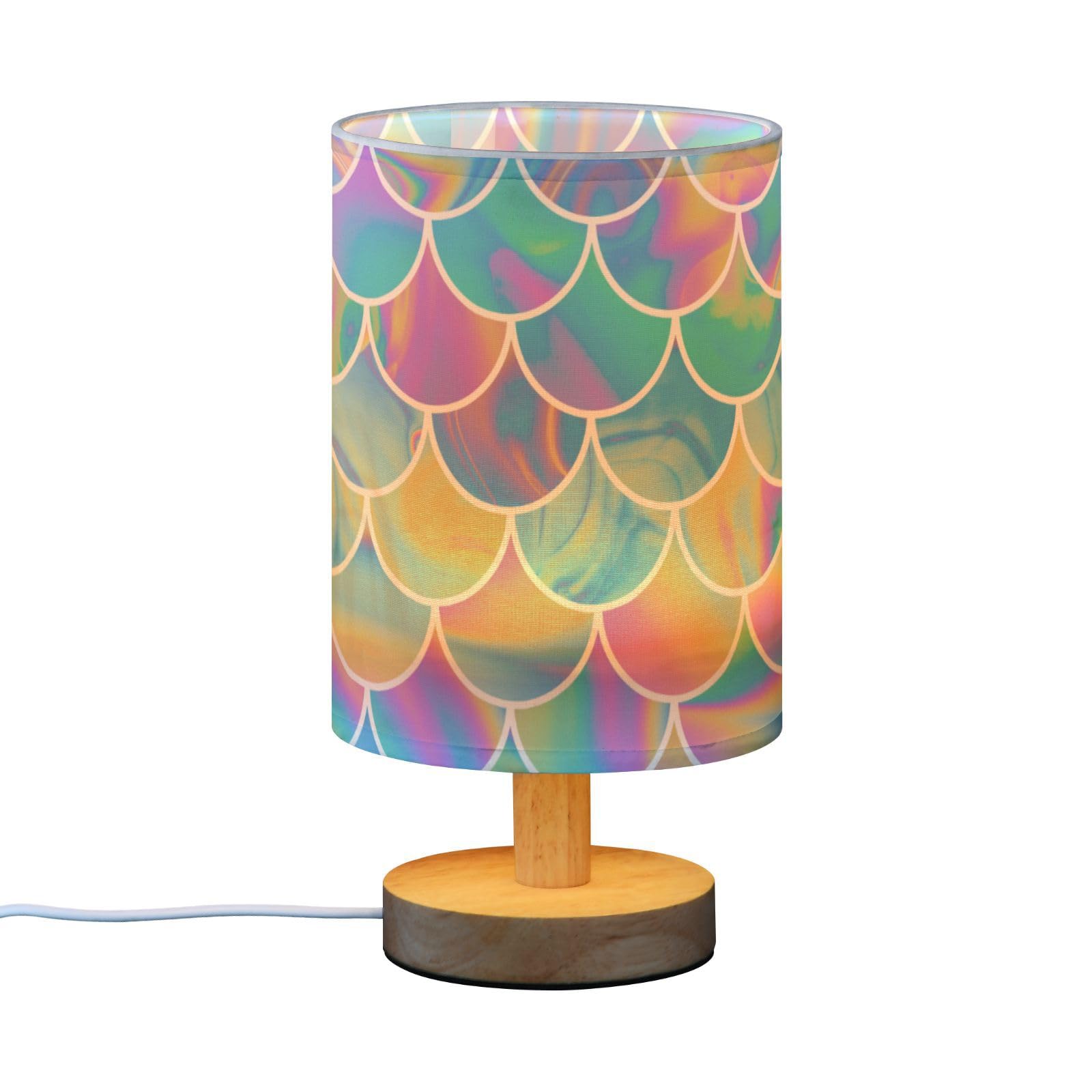 Colorful Scale Summer Table Lamp for Bedroom, Bedside Desk Lamps with USB Port, Bulingling Wood Base LED Bed Light for Read, Sleep, Date, Work