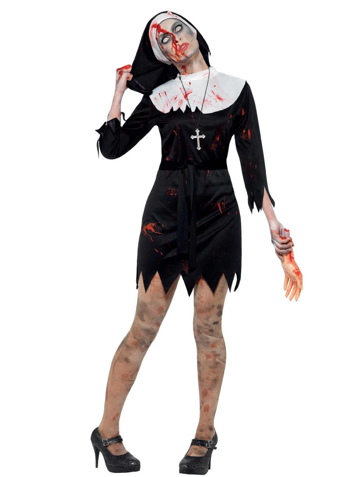 Smiffys - Damen Zombie Ordensschwester Kostüm, Kleid, Kopftuch, Gürtel und Kreuz Kette, schwarz Halloween