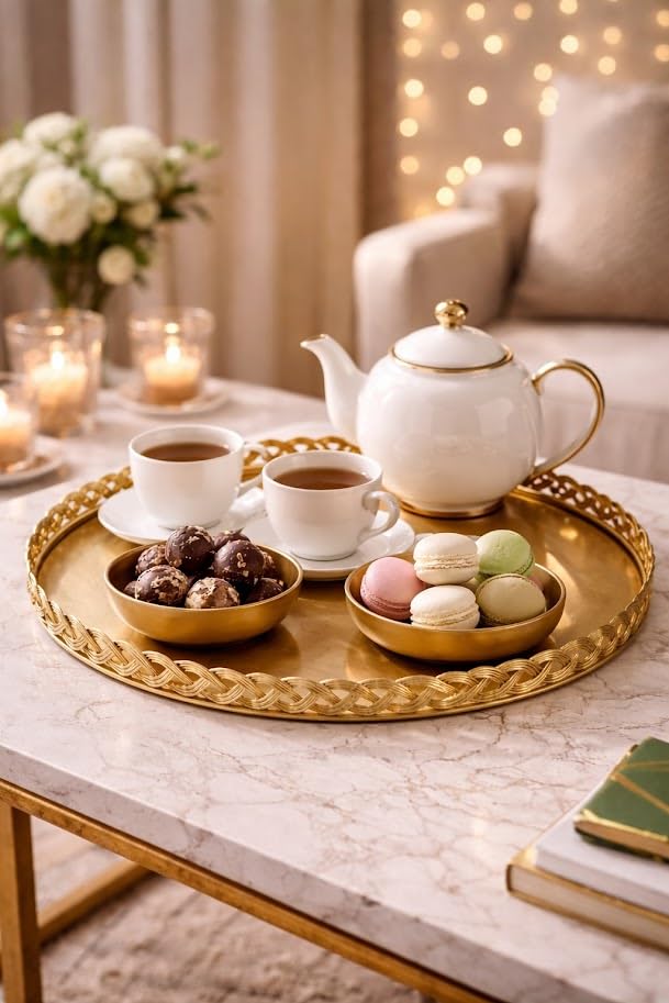 Image of Luxury Gold Round Decorative Serving Tray - 12-Inch Ornate Braided Metal Vanity Tray with Mirror-Finish for Coffee Table, Ottoman, Home Decor - Ideal for Afternoon Tea, Jewelry, or Dessert Display