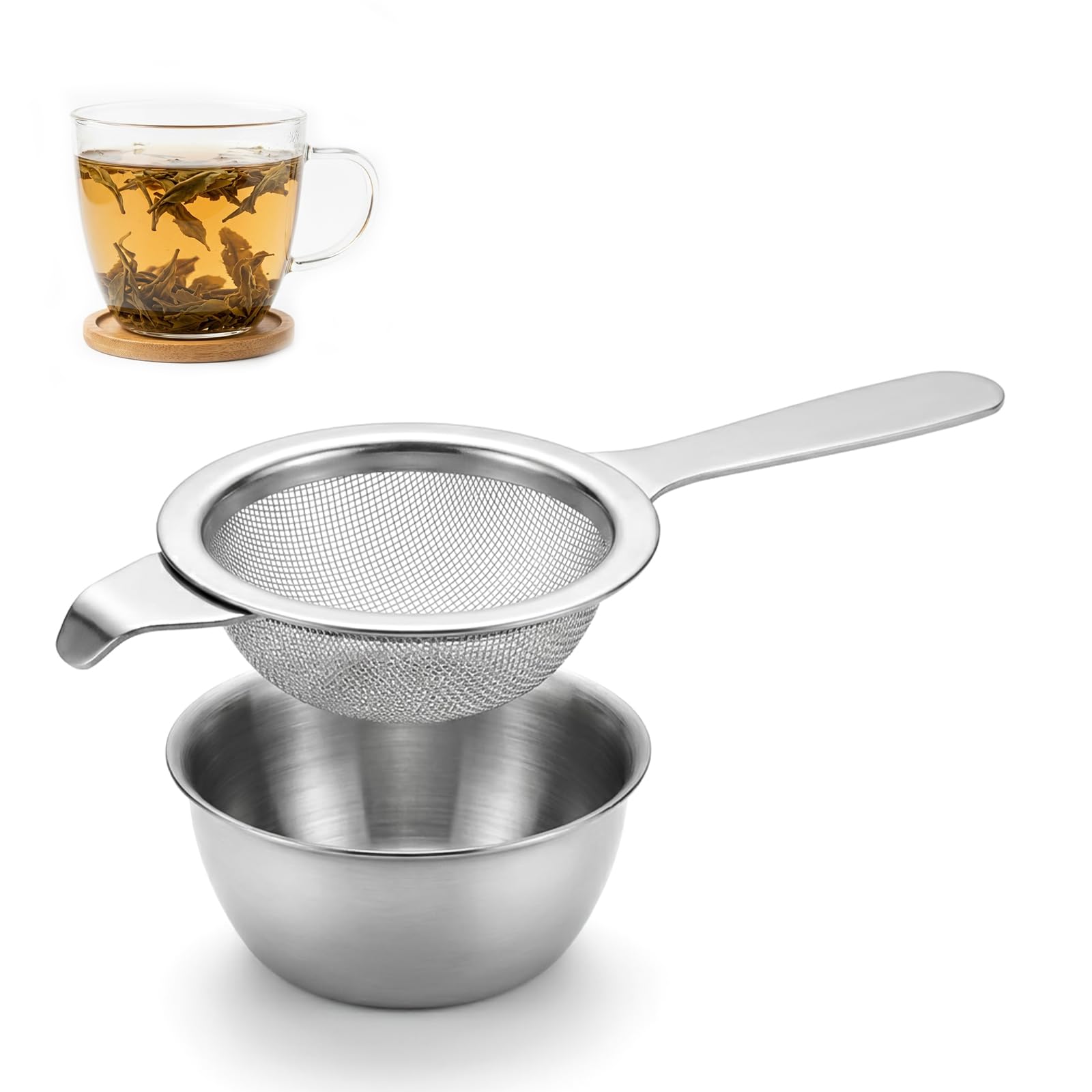 ZhuPu Fine Mesh Stainless Steel Tea Strainer for Loose Tea, Long Handle Filter with Drip Bowl for Mugs, Teapots and Coffee Brewing