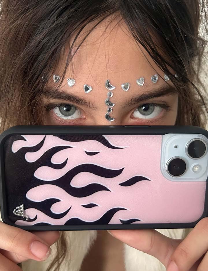 Image of Wildflower Cases - Compatible with iPhone 16 | Protective Black Bumper, 6.5ft Drop Test Certified, Women Owned Small Business | Trendy Aesthetic Fire y2k 2016 | Flames - Pink & Black
