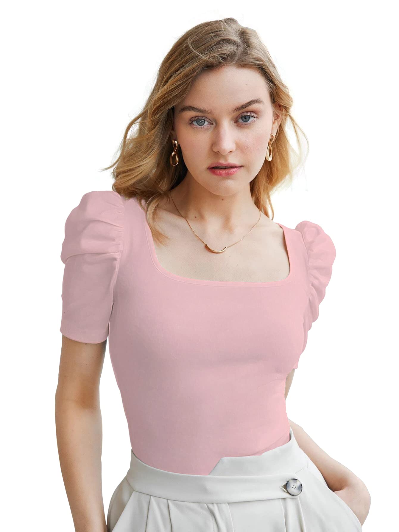 shasmi Women's Pleated High Neck Short Puff Sleeve Ruched Bust Solid Regular Fit Tops For Women/ Tops For Girls (Shree Top 22)-picture-10