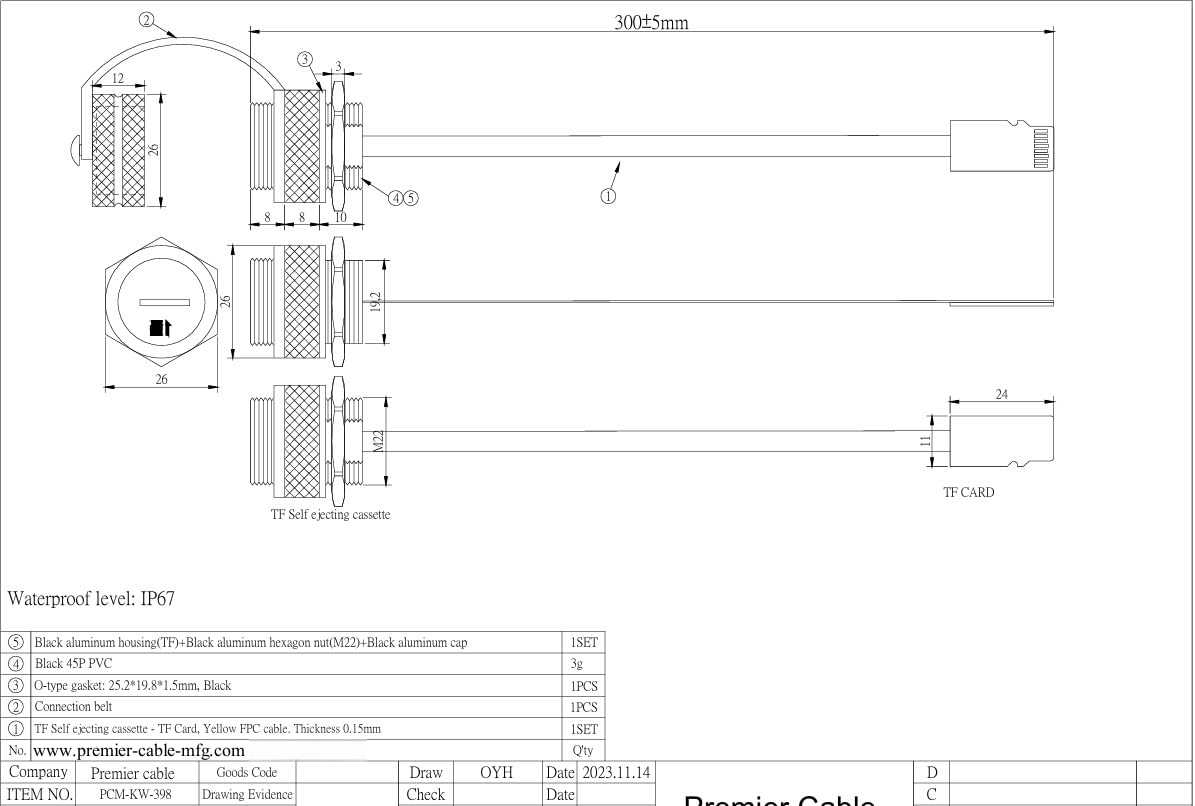 Adaptateur de câble d'extension Micro SD (TF) vers carte TF étanche - Adaptateur de carte mémoire flash pour SanDisk/Arduino/GPS/DVR/Dash Cam/tablette (alliage d'aluminium, 0,3 m)