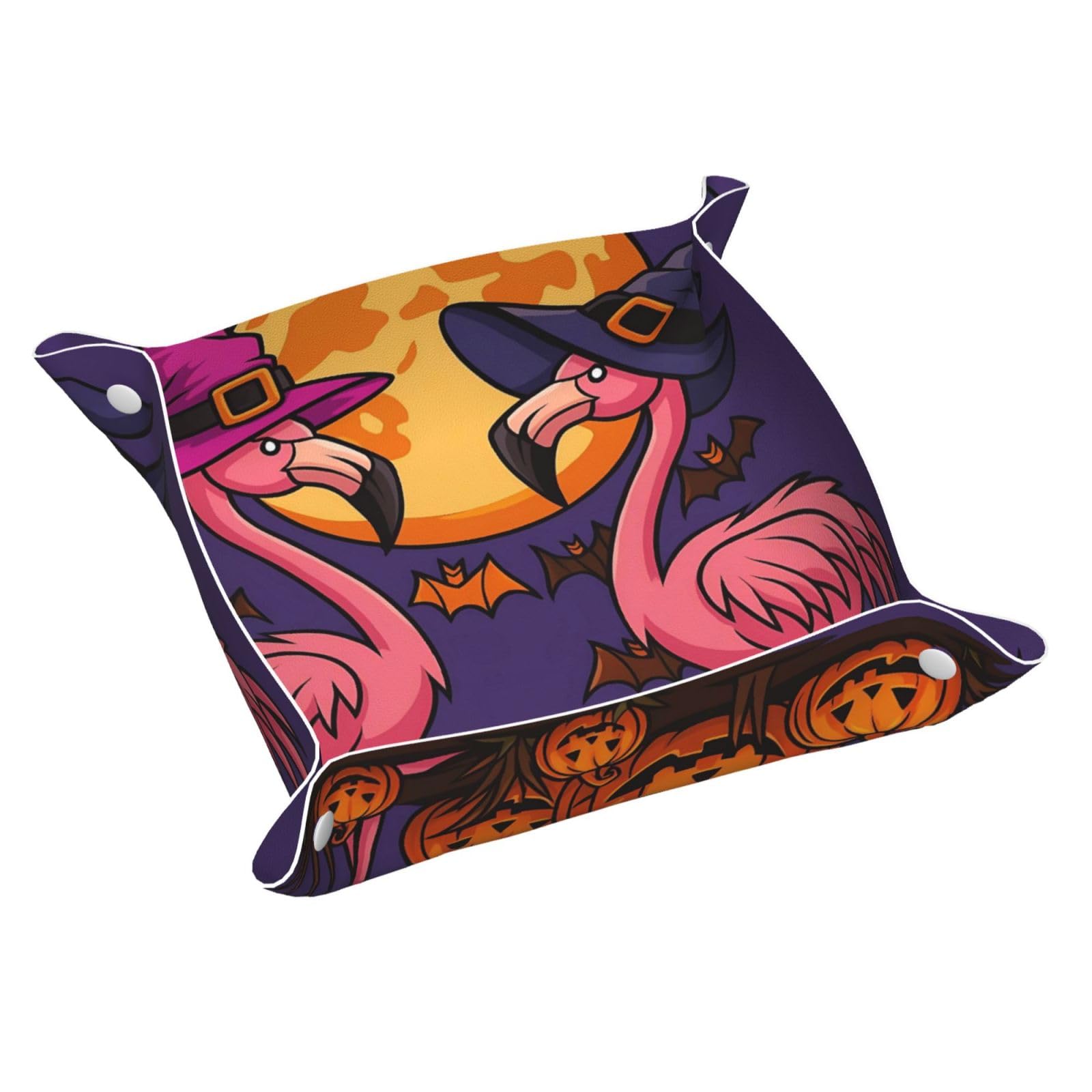 HLBSDM Halloween Pink Wizard Flamingos & Pumpkins Tray Men's Leather Valet Parking Portable Entrance Trays Bedside Storage Box
