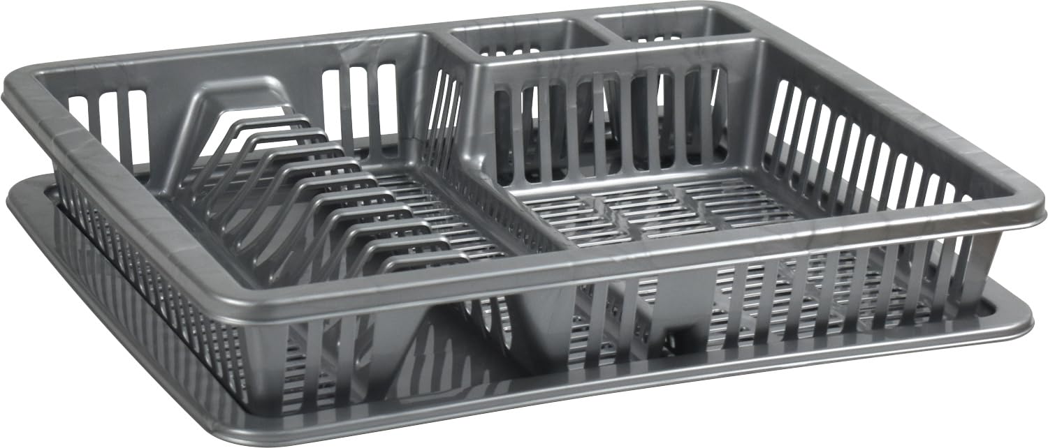 Catergold Grey Dish Drainer Rack Premium Plastic Large Dish Drainer With Drip Tray For Plates, Cutlery, Cups, Kitchen Sink Utensil Drying Rack (Grey)