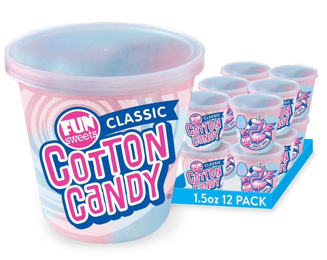 Fun Sweets Cotton Candy 12-Pack - Blue Raspberry and Cherry Swirl 1.5 oz Tub Resealable - Individual Cotton Candy Tubs Great for Easter Basket Candies or Party Favors - Bulk CottonCandy Individual Tubs