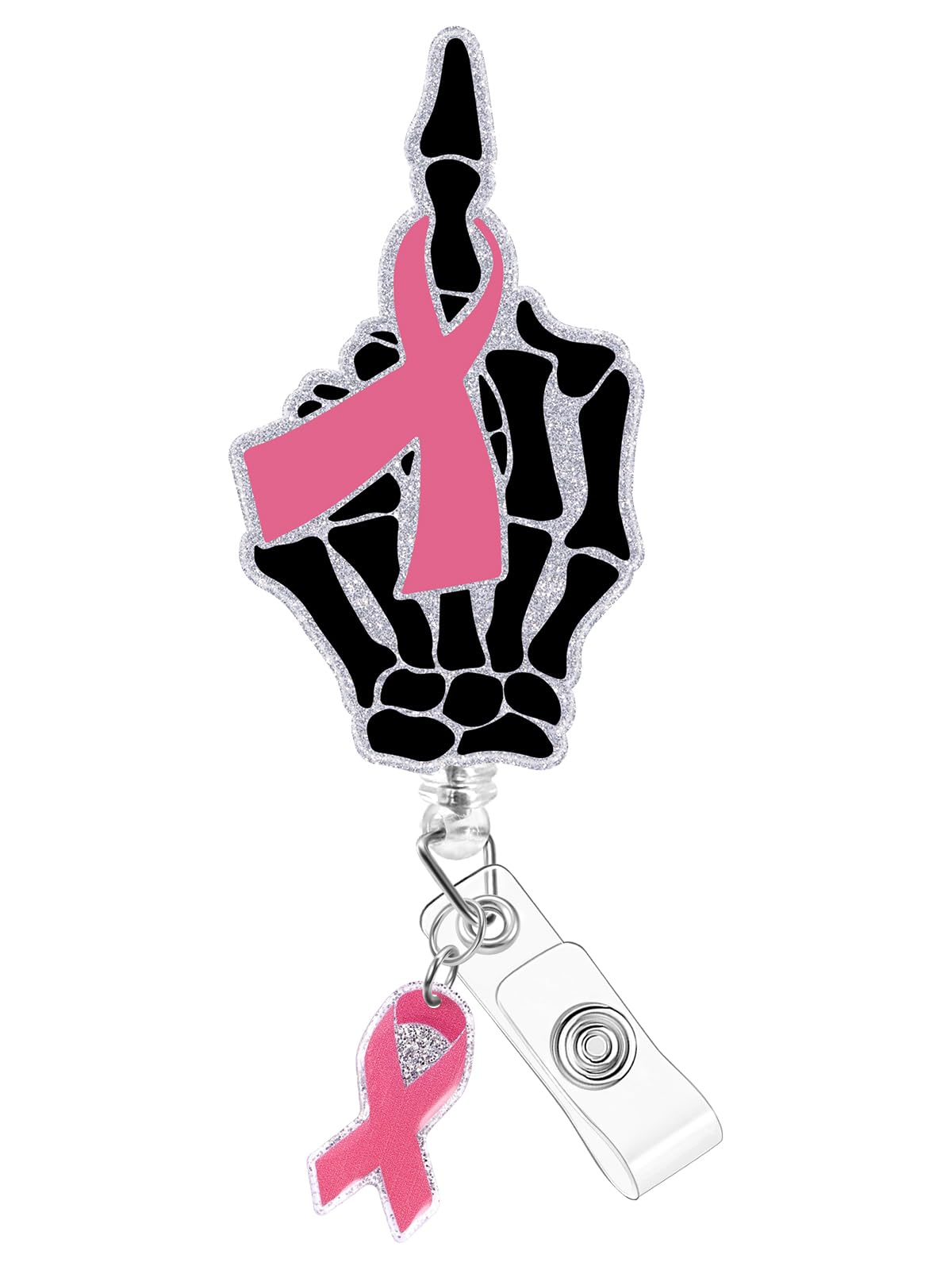 Plifal Nurse Badge Reel Holder Clip - Pink Ribbon Skull Breast Cancer Retractable ID Name Card Badge Reel with Charm Alligator Clip, Nurse Nursing Office Medical Worker Student Accessories Gifts