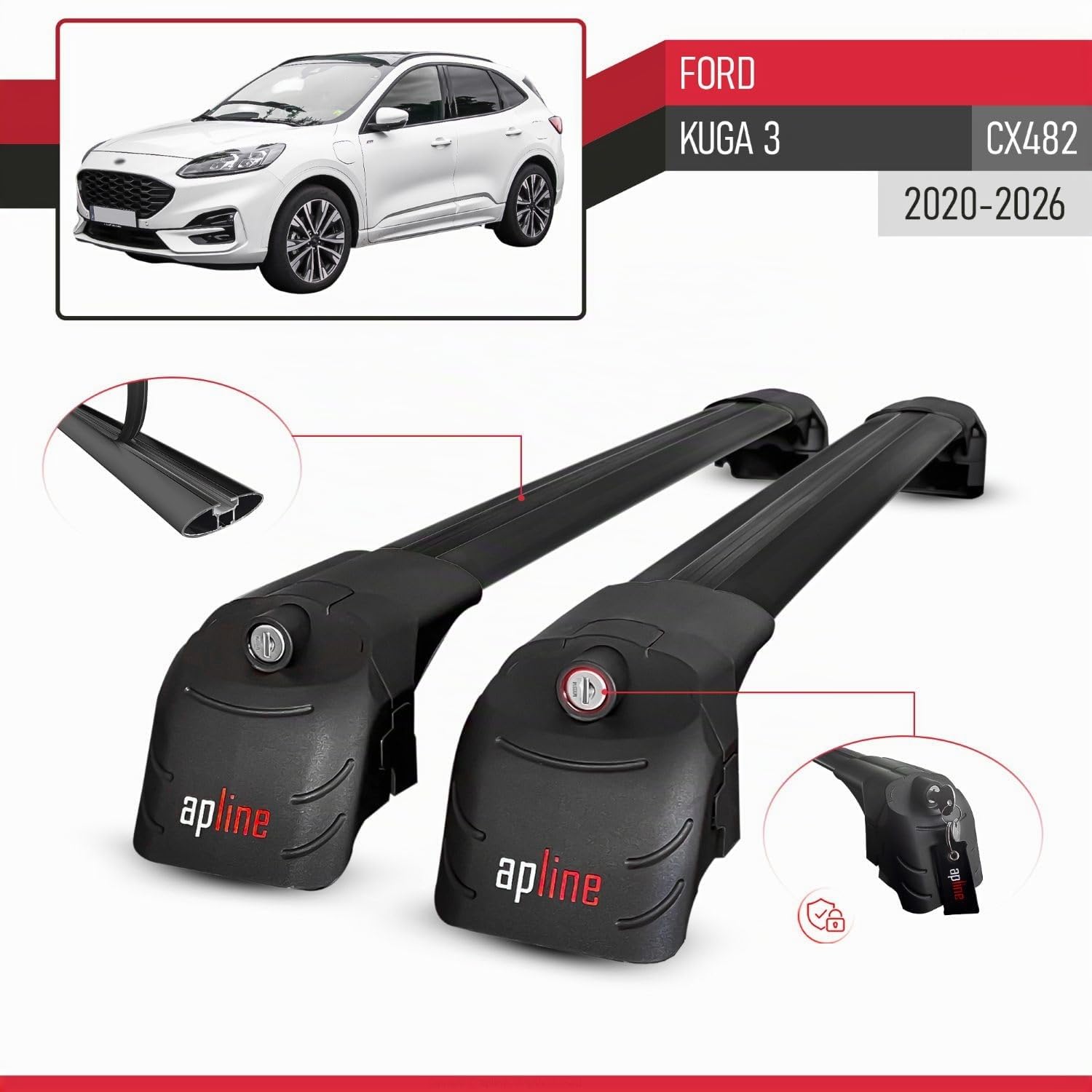 Compatible avec Ford Kuga 3 (CX482) 2020-2025 ACE-2 Barres de Toit Railing Porte-Bagages de Voiture Noir Aluminium 2 Barres