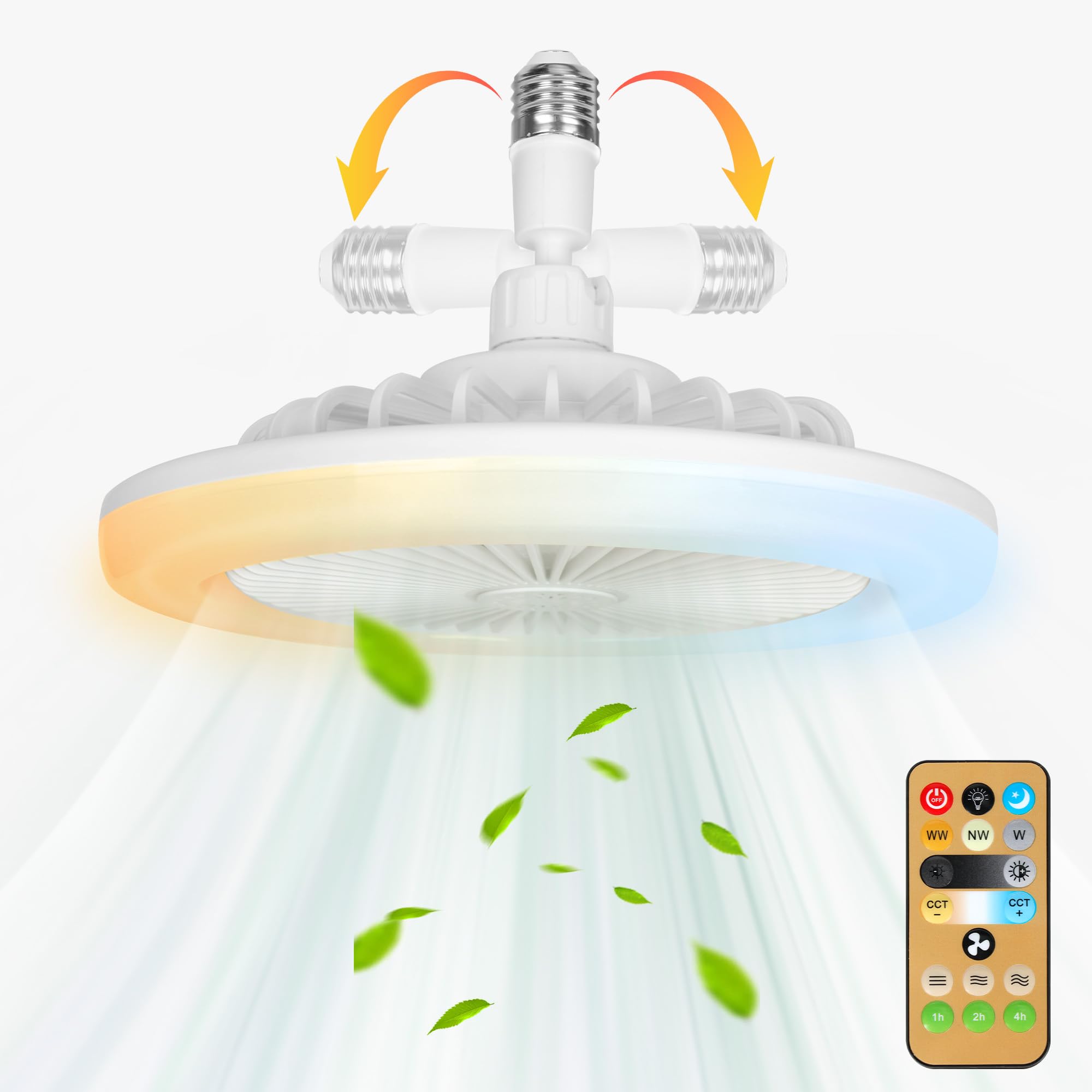 cambk 3 Color Temperature Socket Ceiling Fan Light, Enclosed Low Profile Screw in Fandelier with Remote, 10 inch Small Adjustable White E27 LED Ceiling Lights for Bathroom, Garage, Workshop