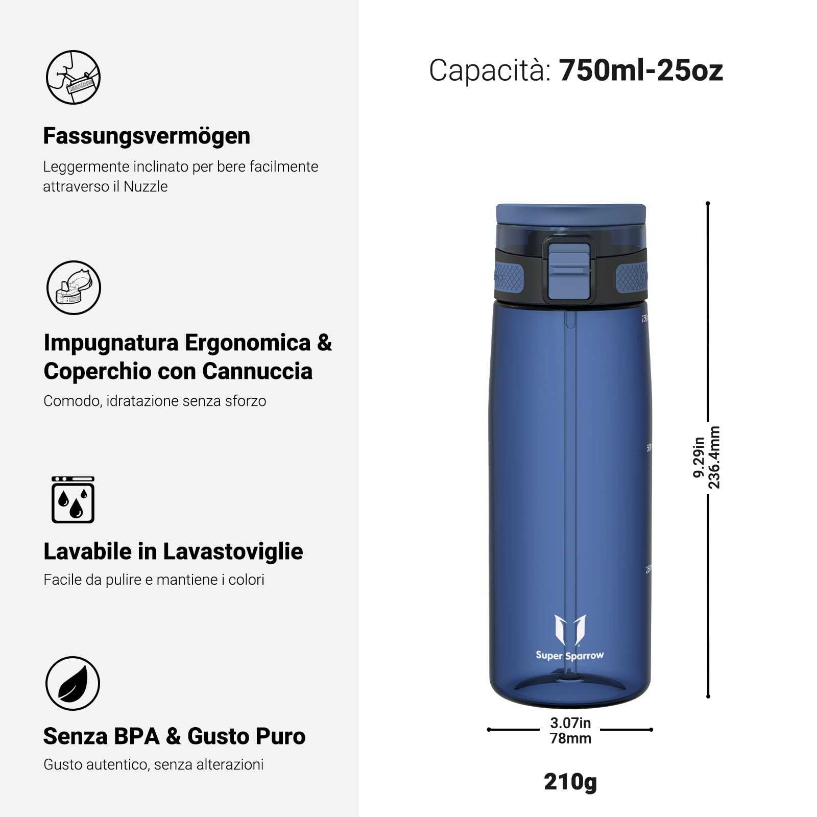Super Sparrow Borraccia - TouchSip Sportiva Bottiglia - 500ml/750ml/1L - Tritan Senza BPA, a Prova di Perdite - Borracce con Cannuccia Ideale per Scuola e Sport
