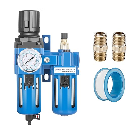 NANPU 3/4" NPT Compressed Air Filter Regulator Lubricator Combo, Water/Oil Trap Separator - Gauge(0-150 psi), Poly Bowl, Manual Drain, Bracket - AC4010-06M