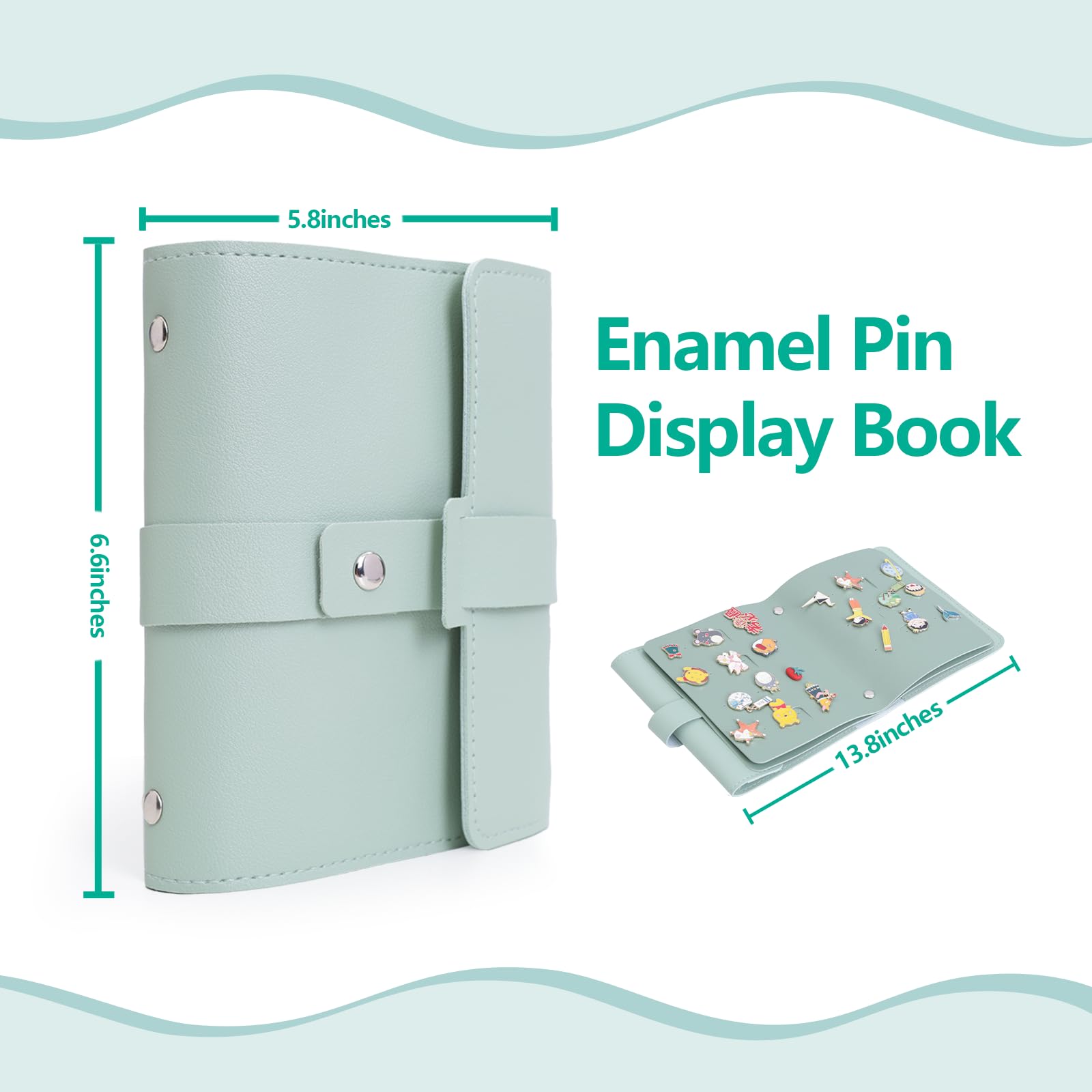 JCWPVA Enamel Pin Display Book - 4 Page Leather Travel Organizer for Collectors, Portable Lapel Pin Holder with Secure Storage, Compact Pin Trading Book (Sage Green)