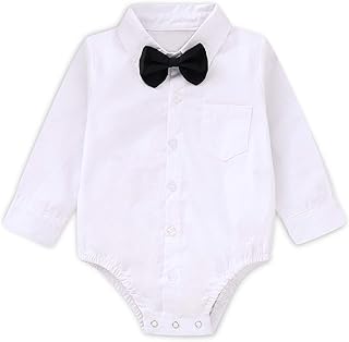 SOBOWO Infant Baby Boy Formal Dress Shirt Bodysuit Long Sleeve Button Up One-Piece Collar Romper Jumpsuit Wedding Party 0-24M