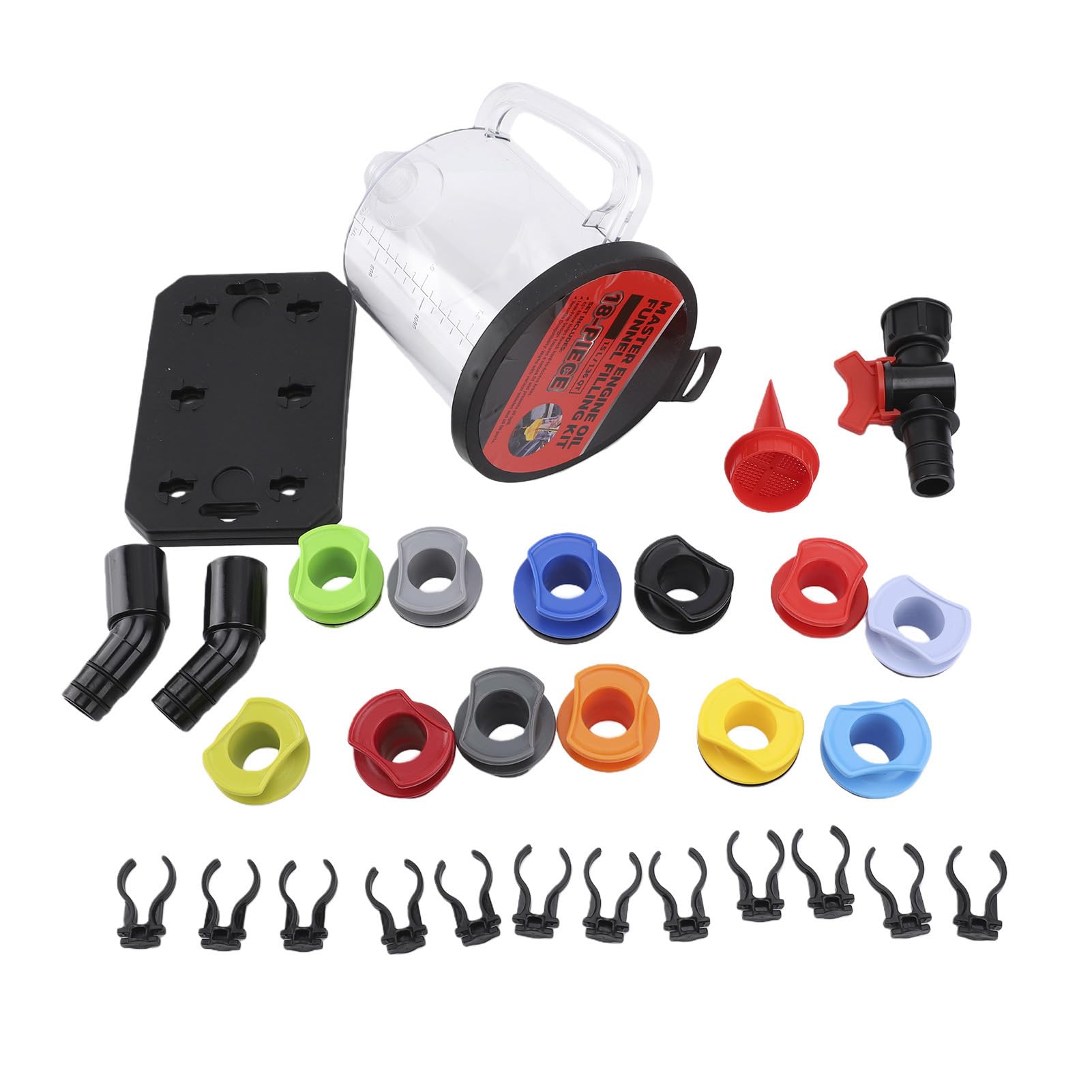 Akozon Kit de Embudo Aceite Motor, Llenado Refrigerante Automotriz 1,59 Galones/1,5 L con 12 Adaptadores, 2 Tableros Organizadores Magnéticos para Mantenimiento Cambios Vehículos