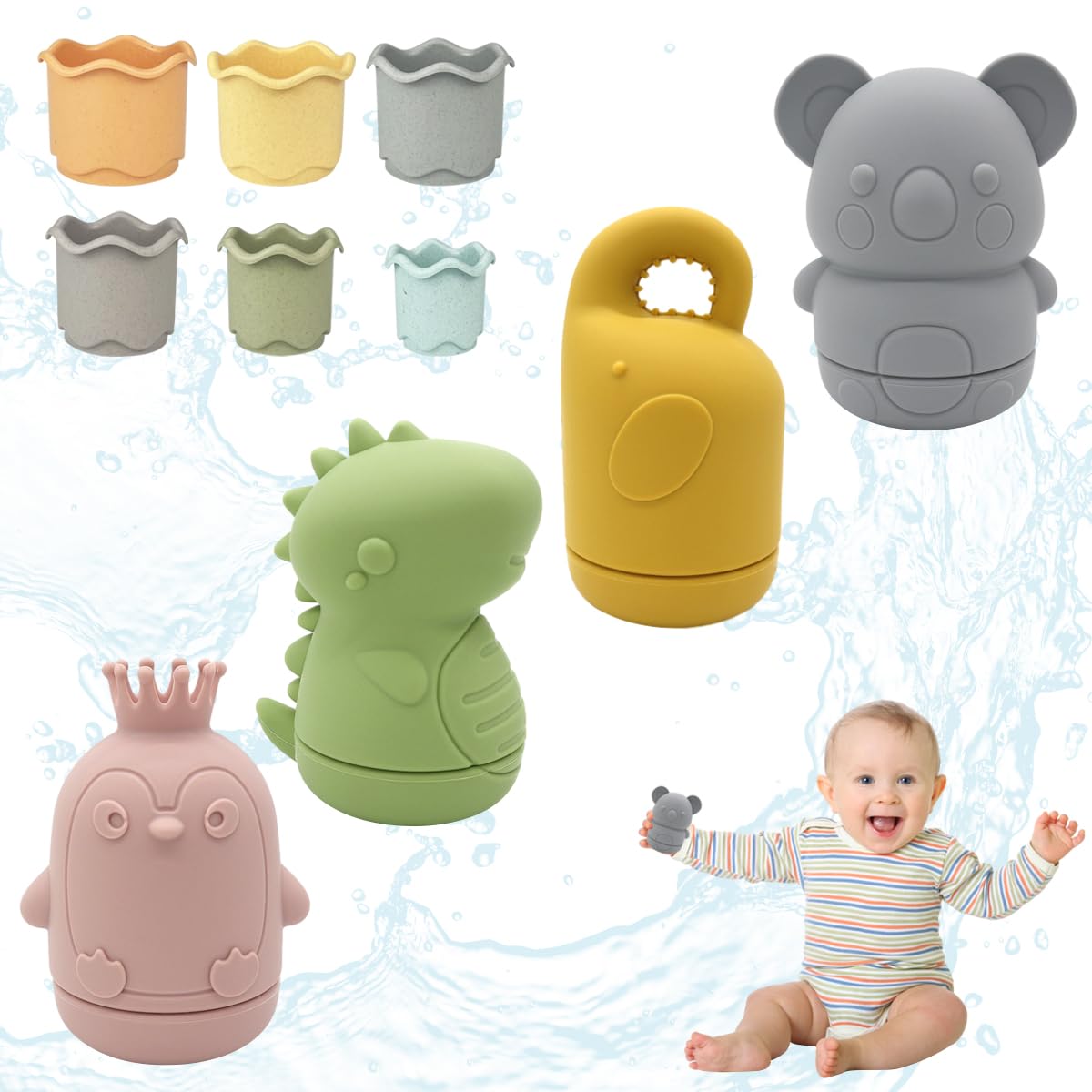10 juguetes de baño para bebé, juguetes de baño antimoho, juguetes de baño de silicona, sin moho, juguetes acuáticos para la playa, piscina, bañera para niños pequeños