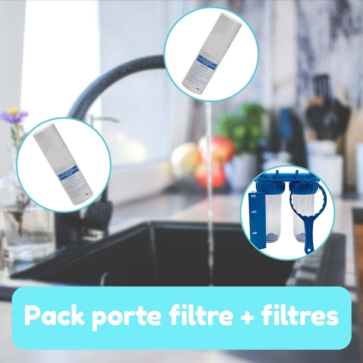 Pack de Filtration d'eau Double Porte Filtre Plus Filtre Anti sédiment 10 microns et 5 microns thermosoudée pour Une Eau Pure