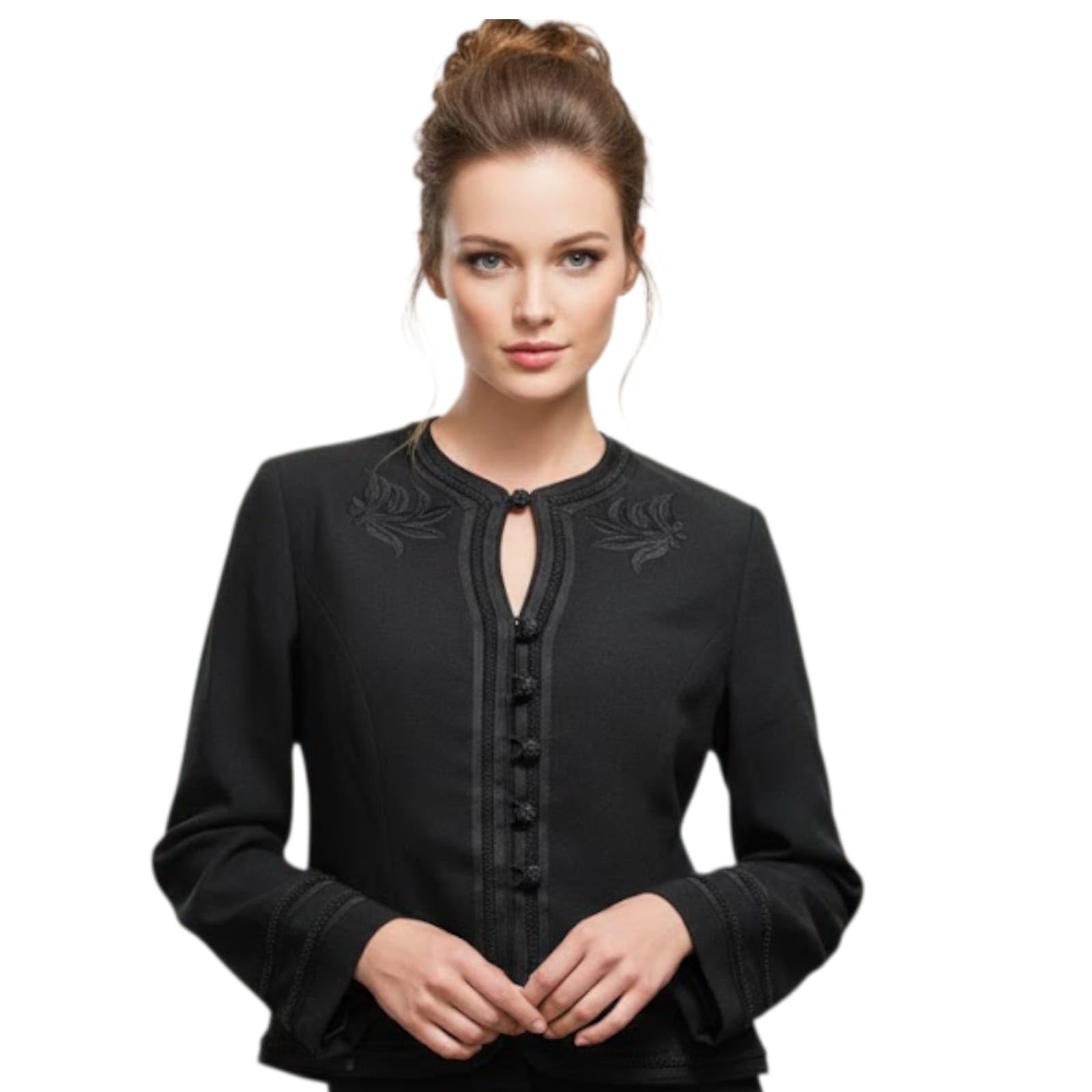 K.SALARIA Women's Rich Black Embroidered Coat with Long Sleeve, Button Front Closure with Floral or Leaf Embroidery-picture-41