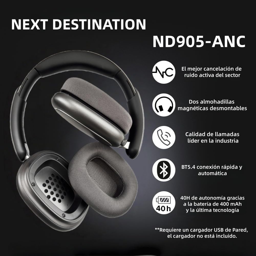 Next Destination ND905-ANC Auriculares Inalámbricos de Diadema Bluetooth 5.4 Cancelación de Ruido Activa 40H Autonomía Bajo Potente Cascos con Micrófonos para Llamadas Almohadas Magnéticas Negro