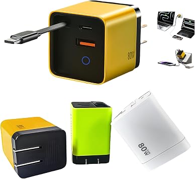 80W GaN Fast Charger with Retractable USB-C Cable 3-in-1 Wall Charger Block with Built-in Type-C Cord & 2 USB Ports, PD 3.0 & QC 4.0 Fast Charging for iPhone 15/16/17, Samsung Galaxy, Pixel, iPad Y