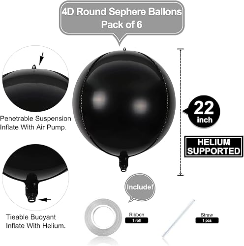Miniatura 2 de Paquete de 6 globos de aluminio 4D negros de 22 pulgadas, globos grandes redondos de 360 grados Sephere Mylar con acabado de espejo, globos