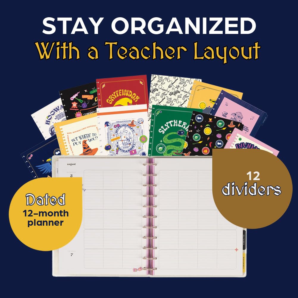 Happy Planner - Planificador académico de 12 meses de Harry Potter encuadernado en disco, julio de 2026 a junio de 2027, tamaño grande, 8.5 x 11 pulgadas, diseño para profesores, tablón de anuncios