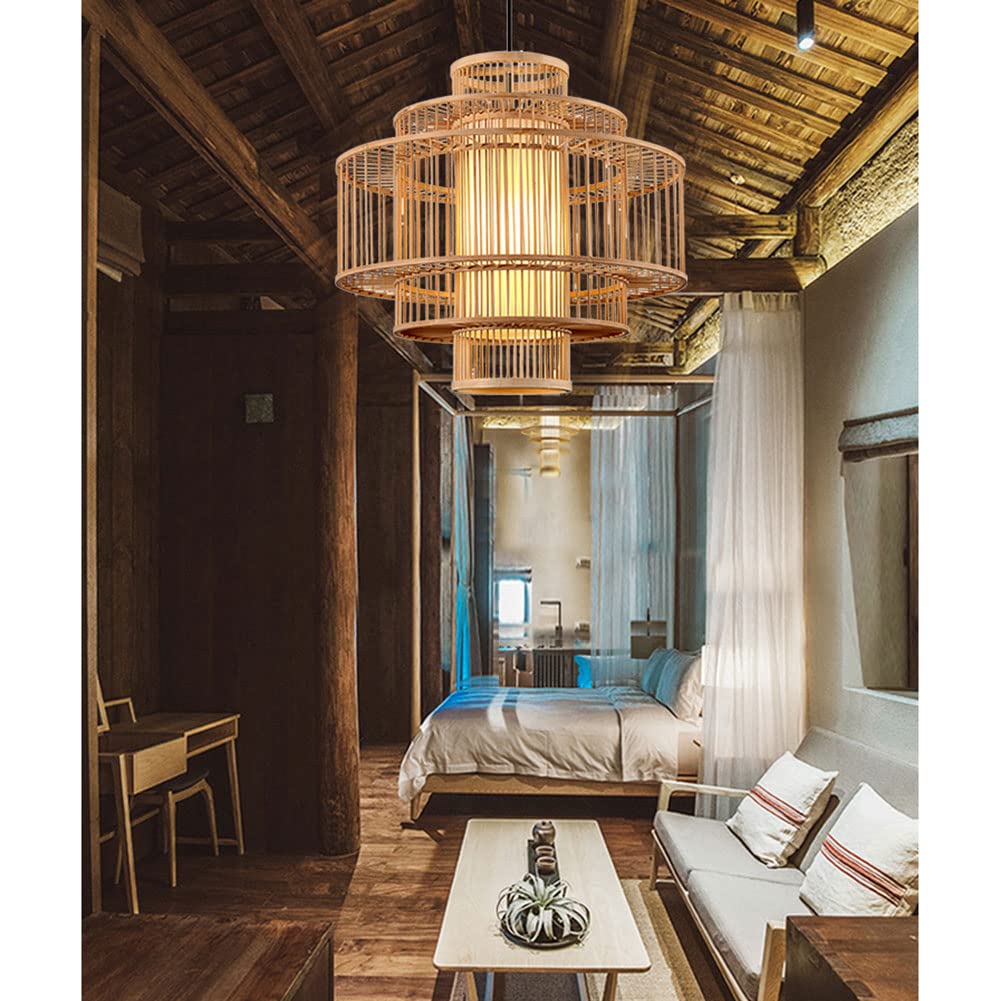 TTDGYYXW Bambusowa wisząca żyrandol - tkana pusta, klosz lampy kopułkowej Boho, oprawa oświetleniowa E27 do restauracji, jadalni
