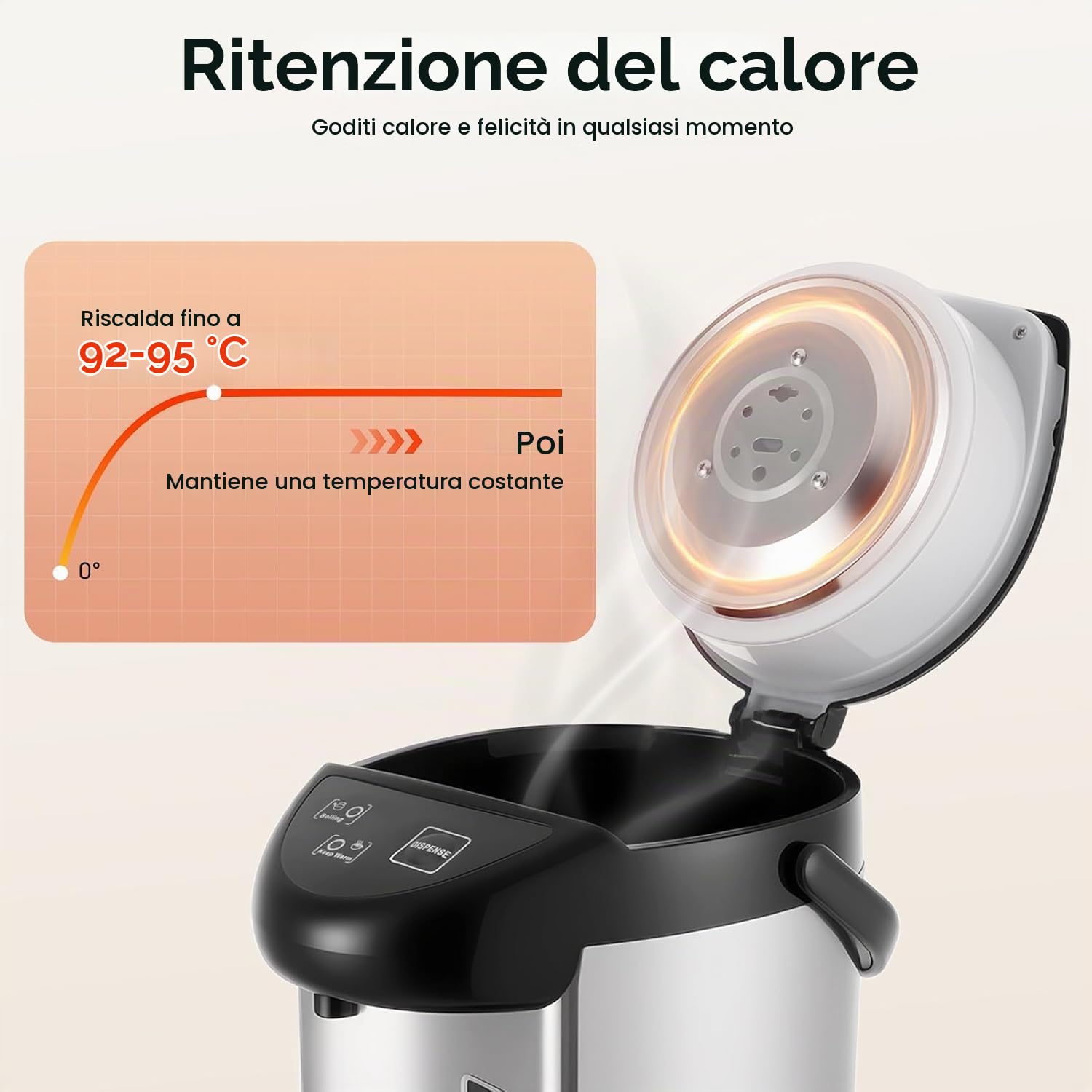 Erogatore di acqua calda Thermopot, 4 l, bollitore per vin brulé, in acciaio inox, distributore di acqua calda, termostato, bollitore elettrico, con tre metodi di uscita, valvola di sicurezza e