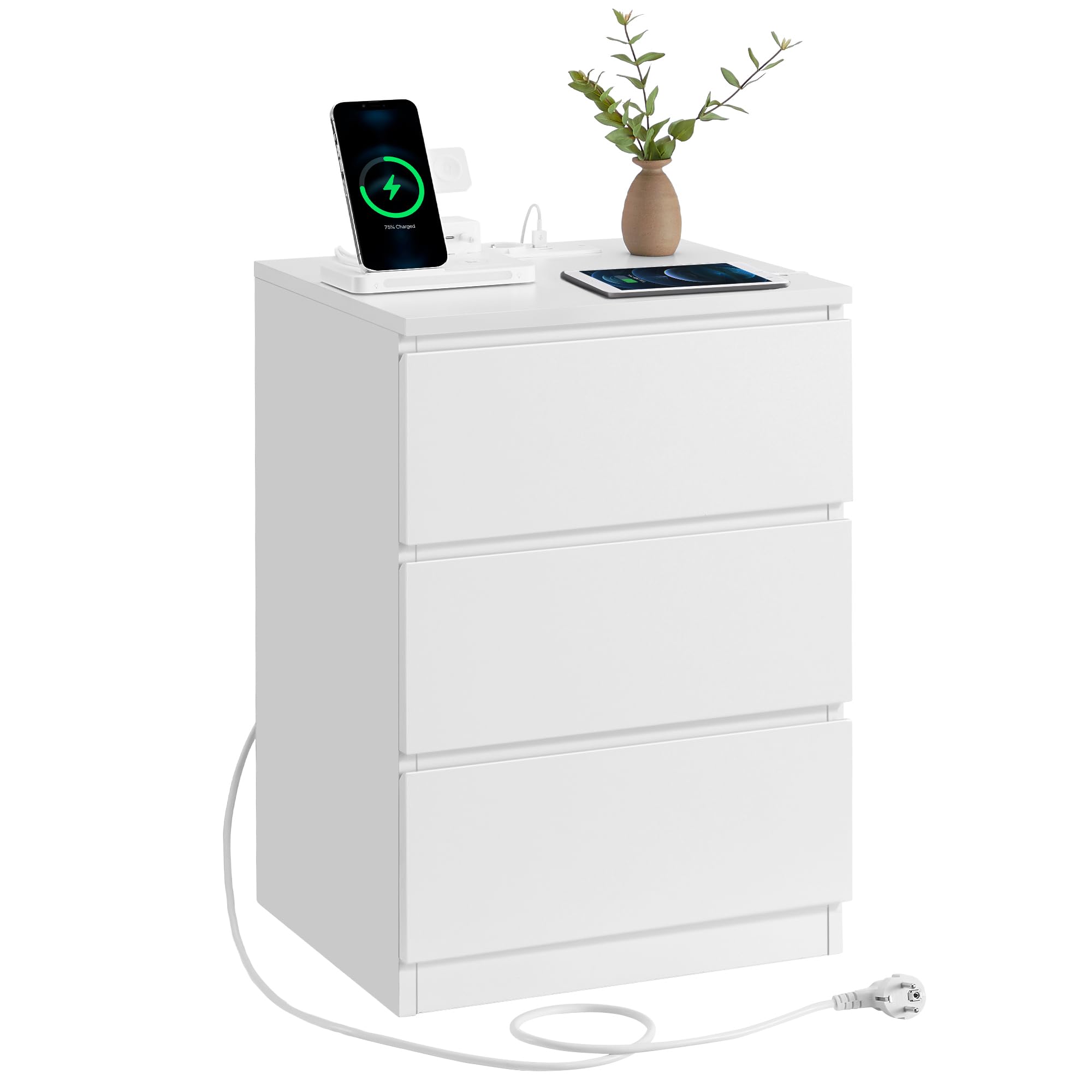 VASAGLE Kailyn Colección - Mesita de Noche con Estación de Carga, Mesa Auxiliar con 3 Cajones, 2 Tomas AC, 2 Puertos USB, Salón, Dormitorio, Estudio, Blanco Nube LET631W14V2