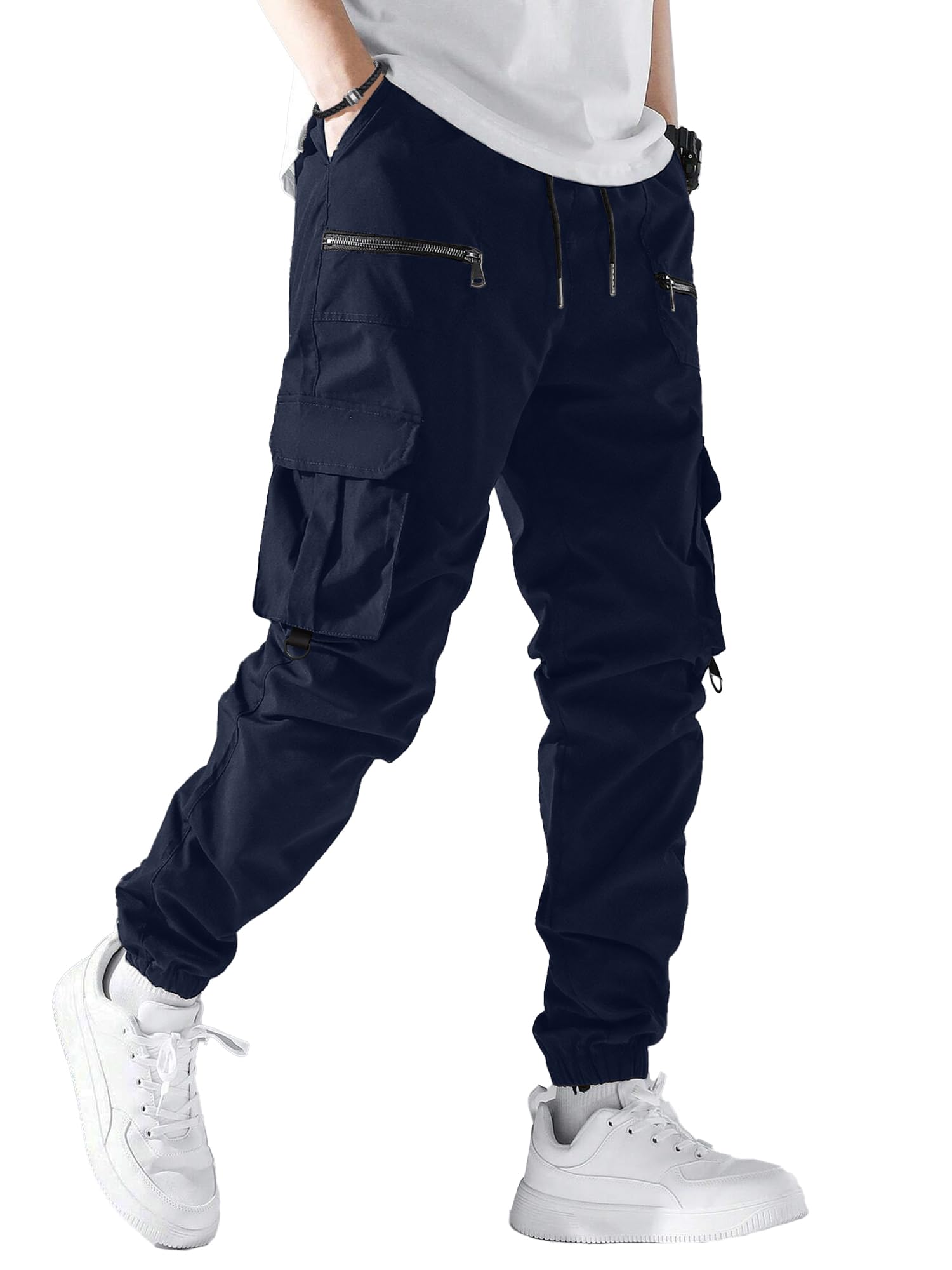 Plepan Men's Dark Blue Casual Cargo Pants Elastic Waist Drawstring Joggers Pants Tapered Sweatpants For Multi Pockets, Small