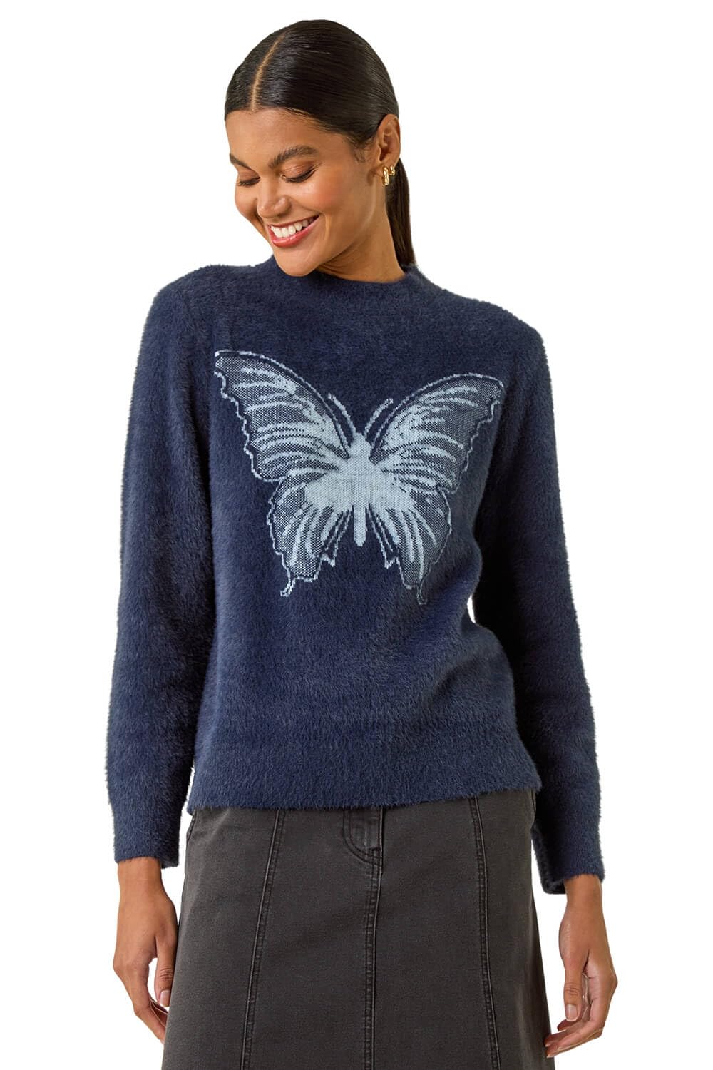 Roman  Navy Butterfly Crew Neck Knit Jumper Size 14