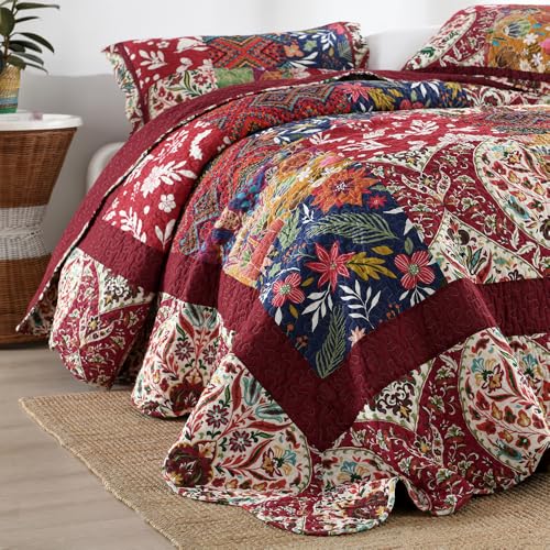 ENASAL Cotton Bedspread Quilt Sets Reversible Bedding Coverlet Sets Comforters Vintage Luxury Damask Floral Real Patchwork Burgundy Bedspread,Queen Size by ENASAL - Image 4