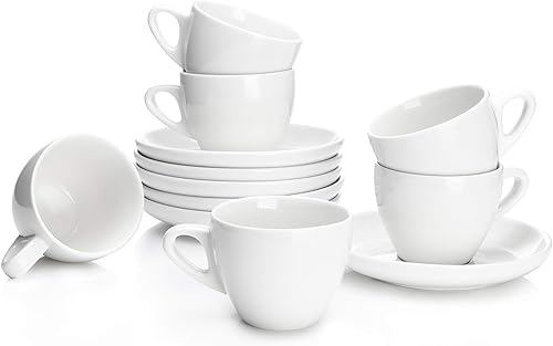 Sweese 402.001 Espresso Cups with Saucers, 4 Ounce Demitasse Cups, Perfect for Single or Double Espresso, Cappuccino, Latte and Tea - Set of 6, White