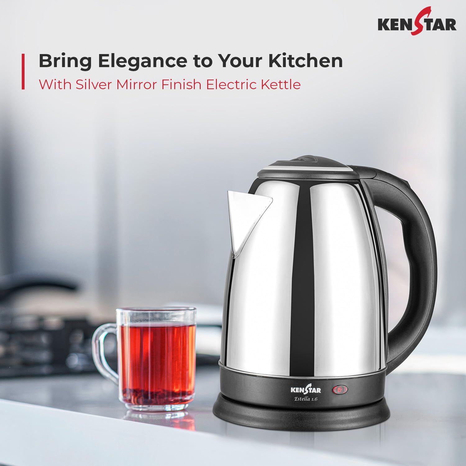 Kenstar Estella 1.6L Electric Kettle | Stainless Steel Body | Auto Cut-Off & Dry Boil Protection | 360° Swivel Base | 1350 W | SS Finish 1