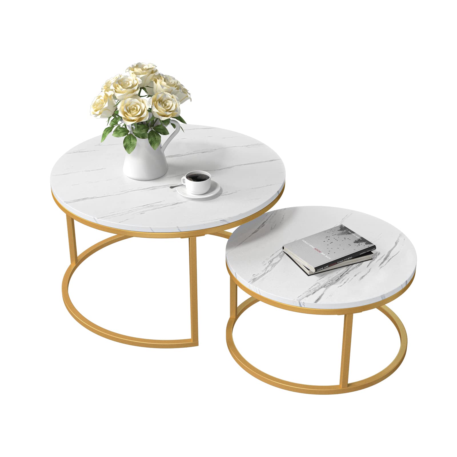 QSSLLC Round Nesting Coffee Table, Set of 2 Modern Coffee Table with Faux Marble Top, Gold Metal Frame White Nesting Table for Living Room, Apartment, Office
