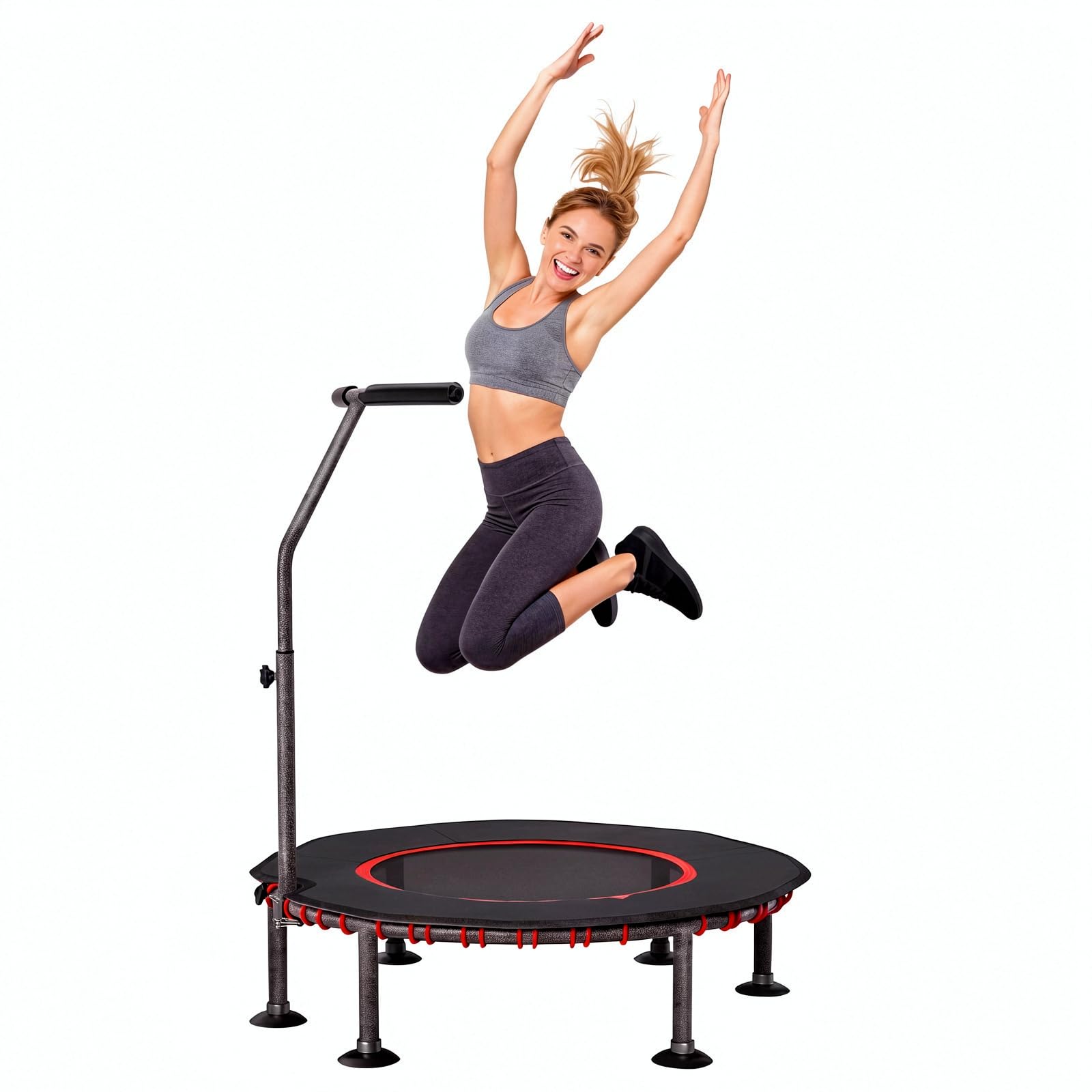 LIFERUN Trampolino fitness per interni con copertura del bordo, fino a 150 kg, Ø 102/122 cm, maniglia a 3 livelli, senza montaggio, sospensione in corda in gomma silenziosa, per bambini e adulti, casa