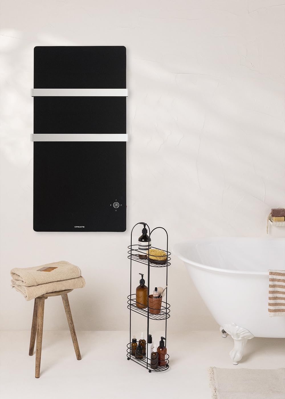 Create/Warm Towel Crystal 600W/Sèche-serviettes électrique en Verre avec WiFi,Noir/ 2 Porte-Serviettes,écran LED,Protection IP24