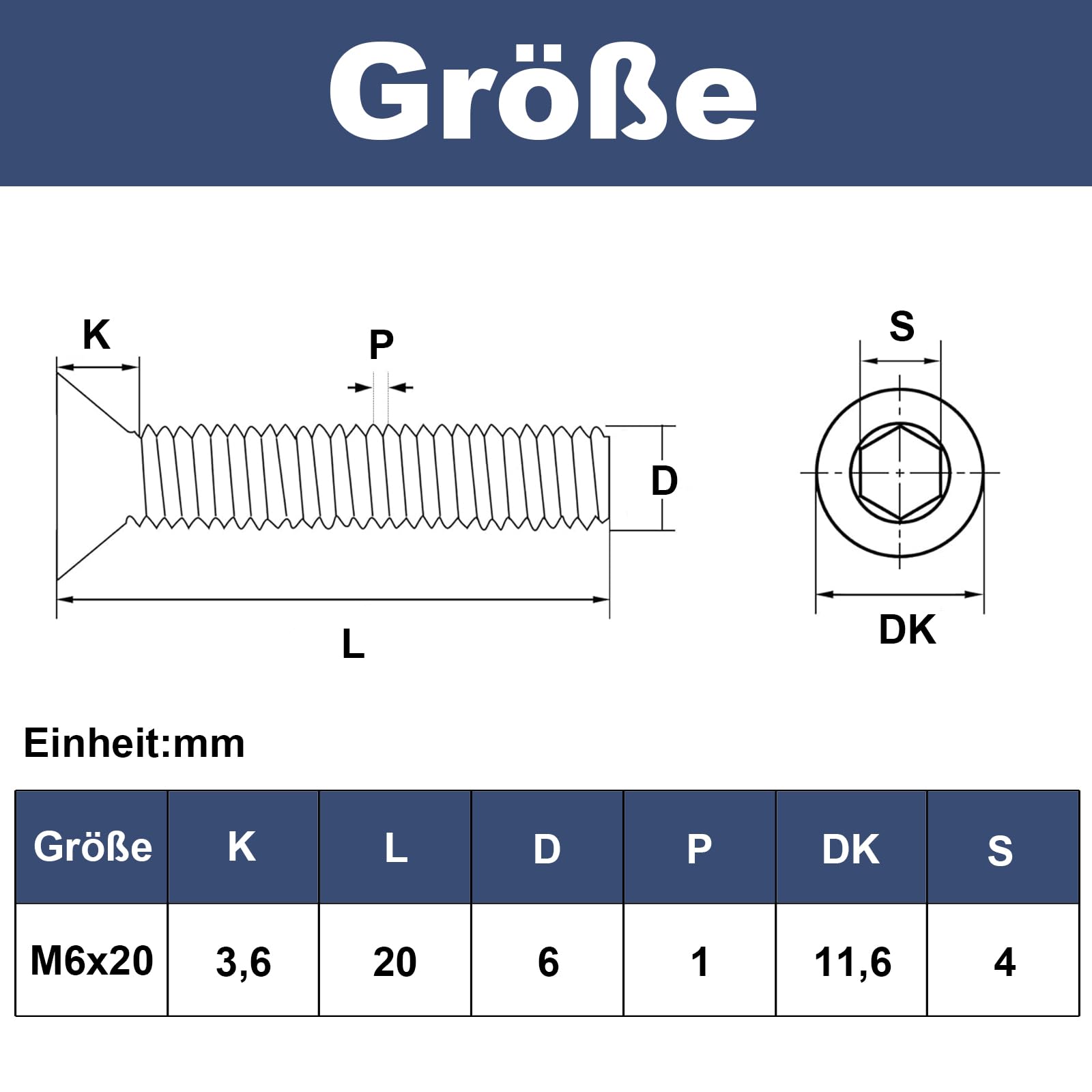 20 sztuk śrub z łbem wpuszczanym M6 x 20 mm z gniazdem sześciokątnym, śruby ze stali szlachetnej A2 V2A, śruby z pełnym gwintem z kluczami imbusowymi, kolor czarny