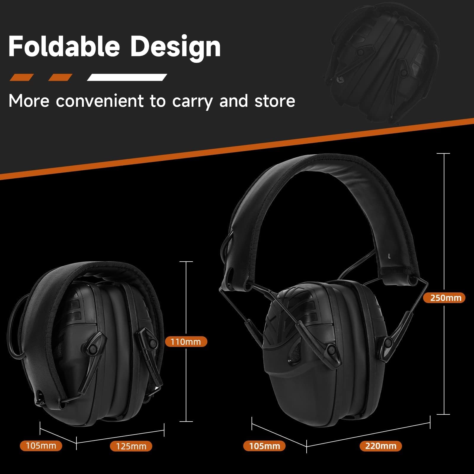Retevis Cuffie Poligono Tiro, Cuffie Antirumore Elettroniche, SNR 28dB, Ingresso Audio AUX, Microfono a Doppio pickup, Cuffie Pieghevoli, Caccia, Motosega, Macchinari Oesanti (1 Confezione, Nero)