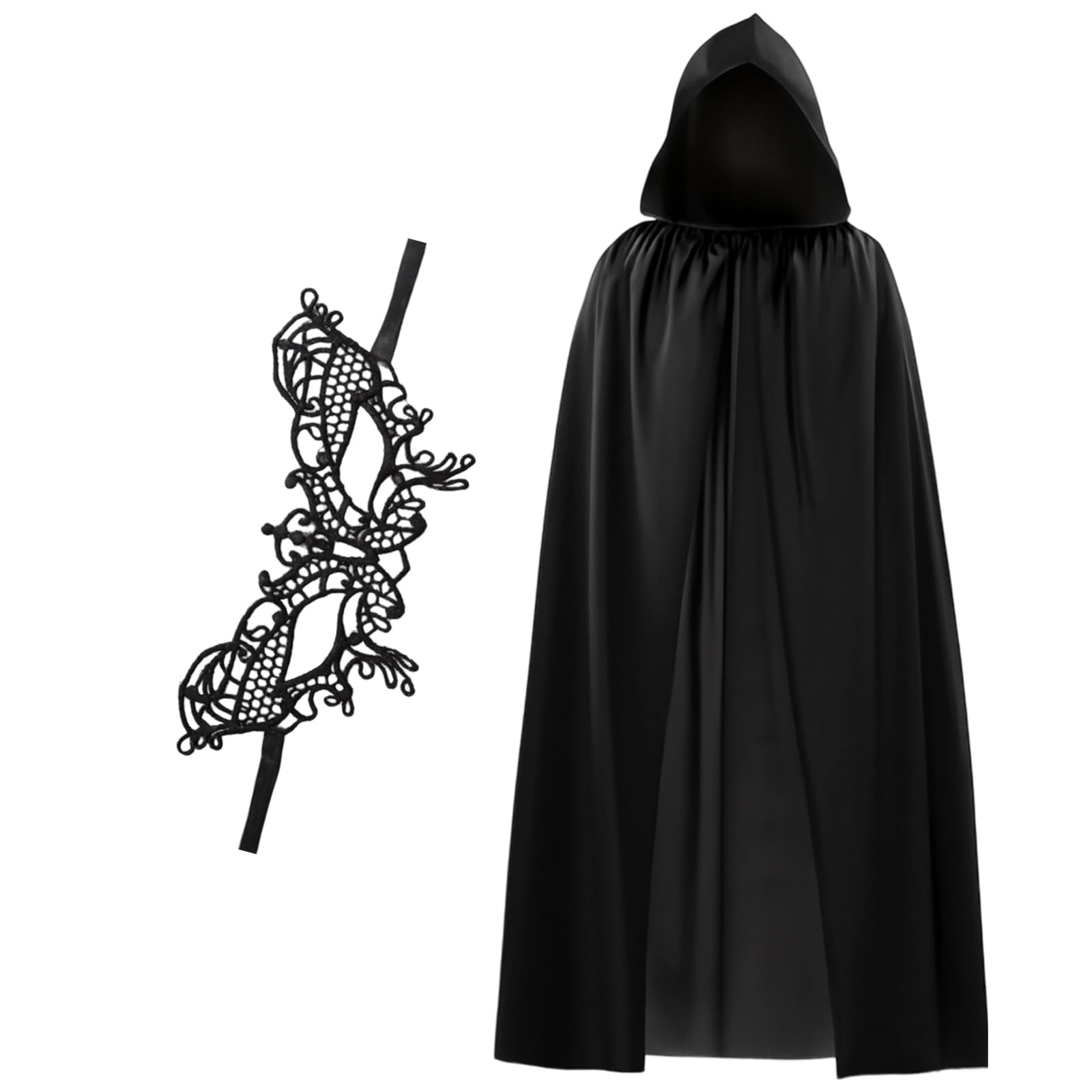 1Pcs Black Cloak, 140cm Black Cape with Hood and Black Eye Mask, Halloween Costume for Teens and Adults, Witches Cloak for Cosplay, Gothic Fashion and Themed Parties