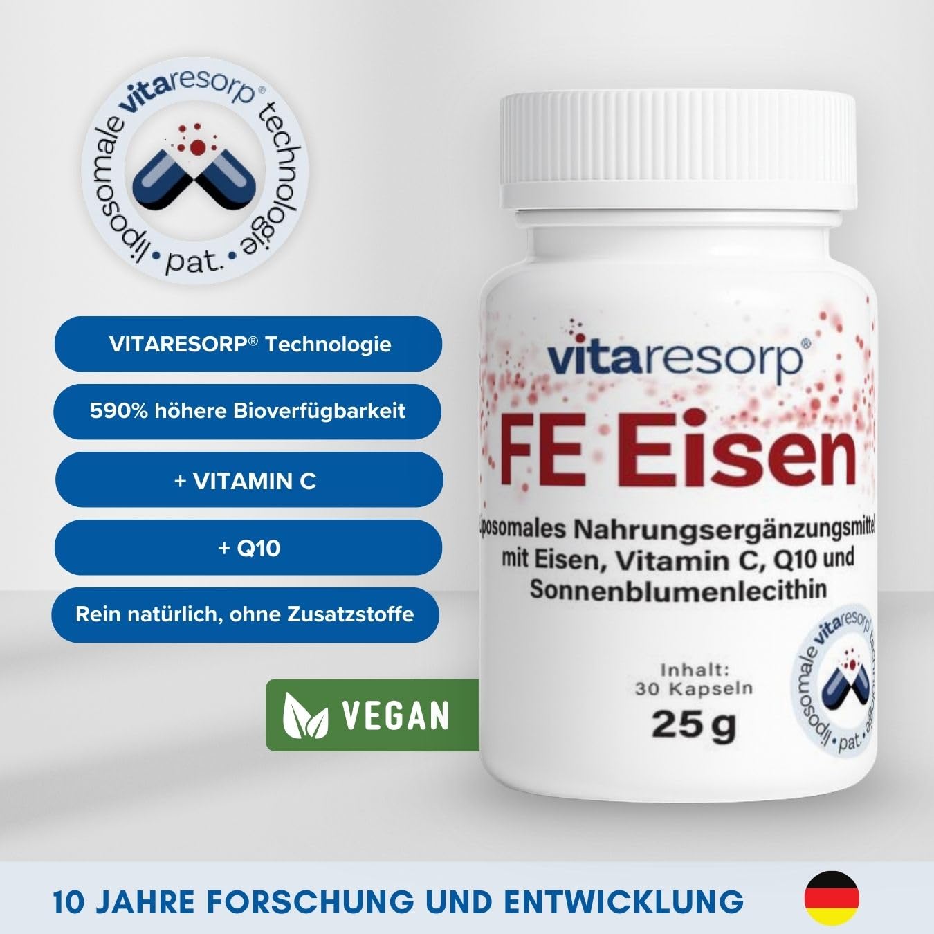 Vitaresorp® FE Plus - liposomales und veganes Eisen & Vitamin C Kapseln - Hohe Verfügbarkeit bei Eisenmangel - Mit Sonnenblumenlecithin - 30 Tage Vorrat - Qineva®